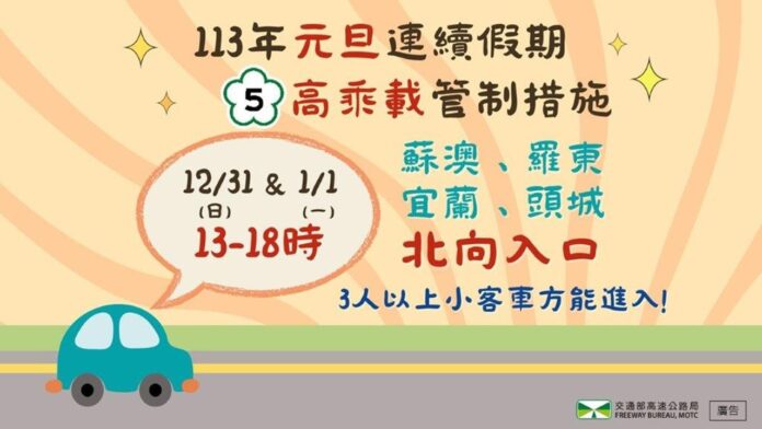 113年元旦連假末2日，國5北向實施高乘載管制措施（圖：交通部高公局）